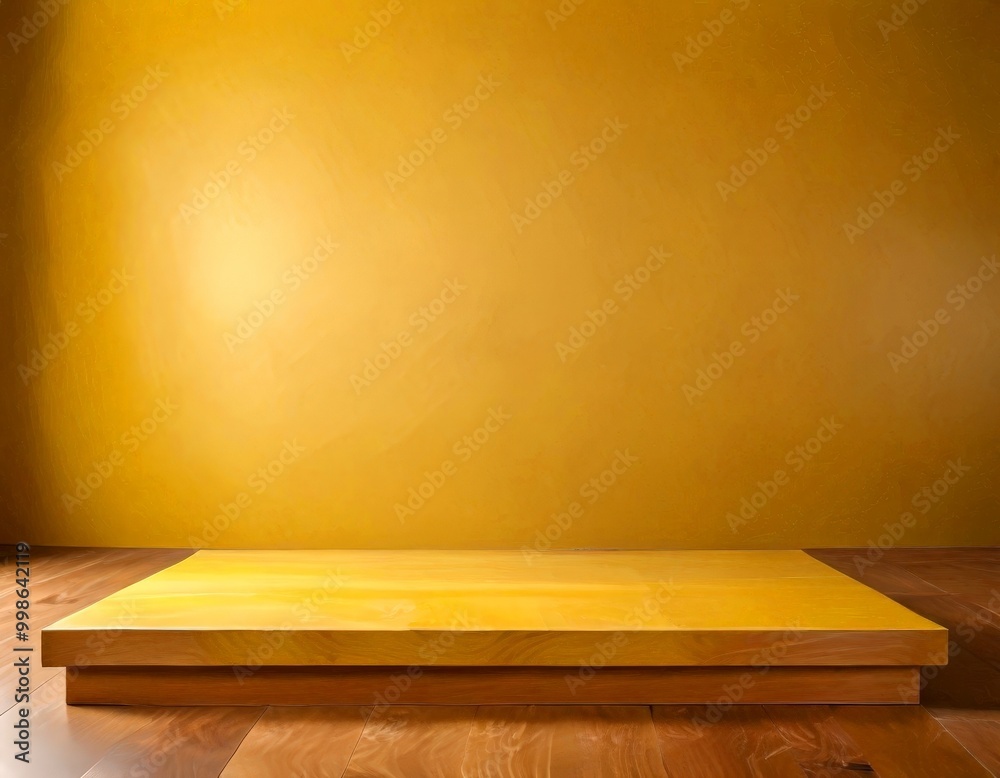 A wooden platform with a yellow top sits on a wooden floor against a yellow wall A wooden platform with a yellow top sits on a wooden floor against a yellow wall
