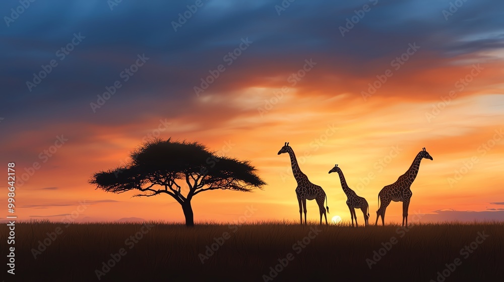 Silhouettes of giraffes against a vibrant sunset in the African savanna, with an acacia tree in the foreground. Silhouettes of giraffes against a vibrant sunset in the African savanna, with an acacia tree in the foreground.