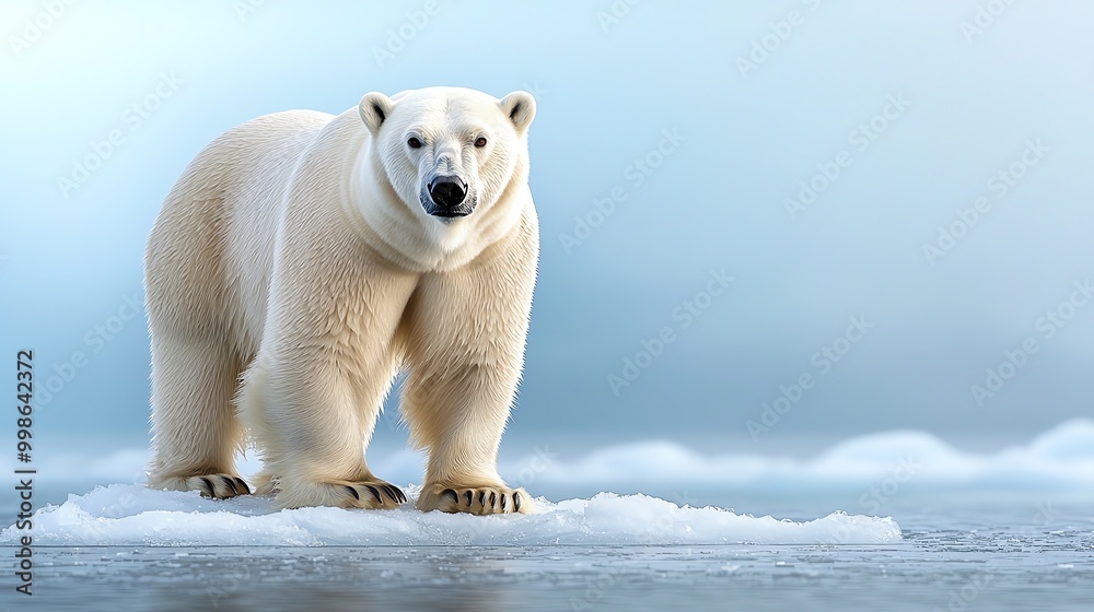 Fototapeta premium A majestic polar bear stands on a snow-covered ice floe, a clear blue sky with white clouds behind it.