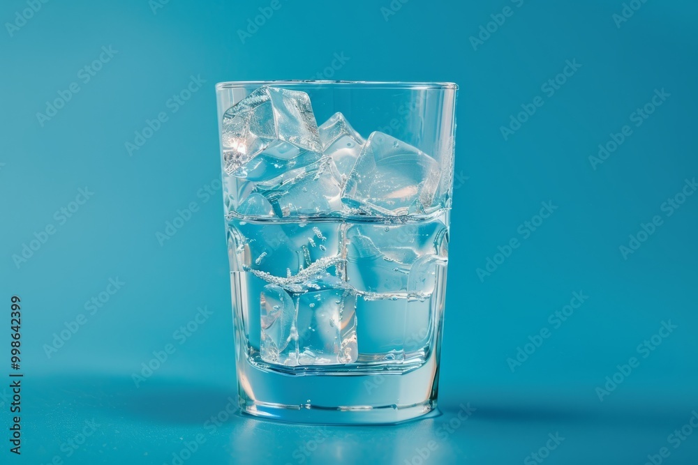 A refreshing glass filled with clear ice cubes shining against a soft blue background. Perfect for summer drinks or cocktail recipes. Generative AI A refreshing glass filled with clear ice cubes shining against a soft blue background. Perfect for summer drinks or cocktail recipes. Generative AI