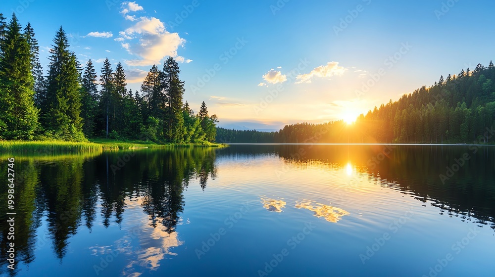 Obraz premium Serene sunset over a tranquil lake with lush green forest reflections.