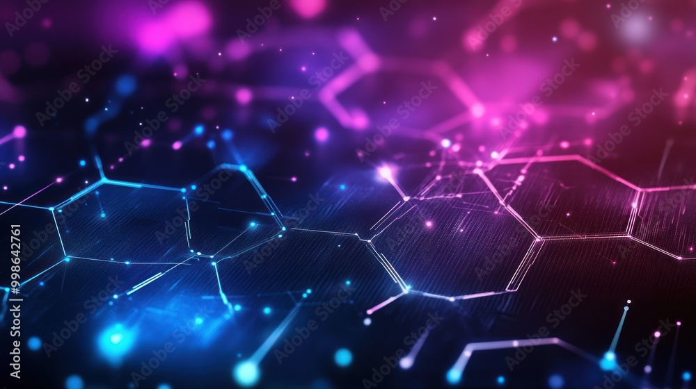 Abstract glowing blue and pink hexagon network background.