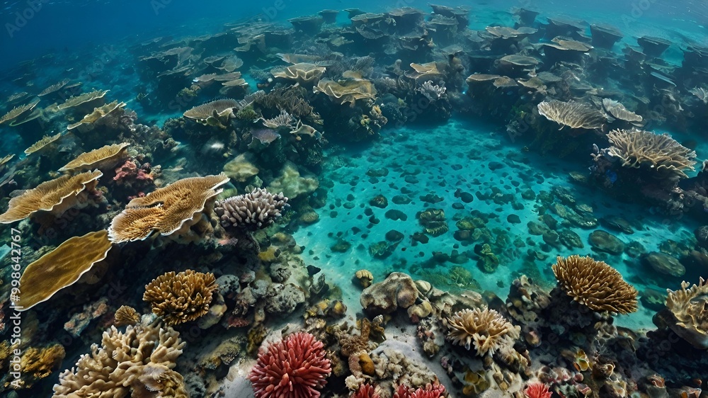 A mesmerizing aerial view of a vibrant coral reef, showcasing colorful underwater formations just below the surface of crystal-clear waters, surrounded by small waves, perfect for a tropical mobile wa A mesmerizing aerial view of a vibrant coral reef, showcasing colorful underwater formations just below the surface of crystal-clear waters, surrounded by small waves, perfect for a tropical mobile wa