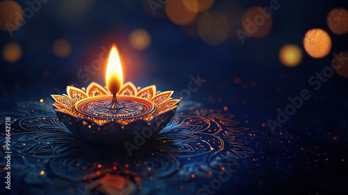 Single diya lamp illuminating a beautifully detailed mandala design on a dark blue background with bokeh effects