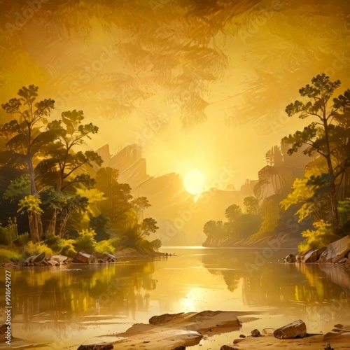 a serene landscape with a calm lake reflecting the warm hues setting sun, surrounded by trees and mountains photo