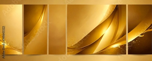 The contains five panels, each with a unique golden design The panels are arranged in a vertical line, with the top panel being the largest and the bottom panel being photo