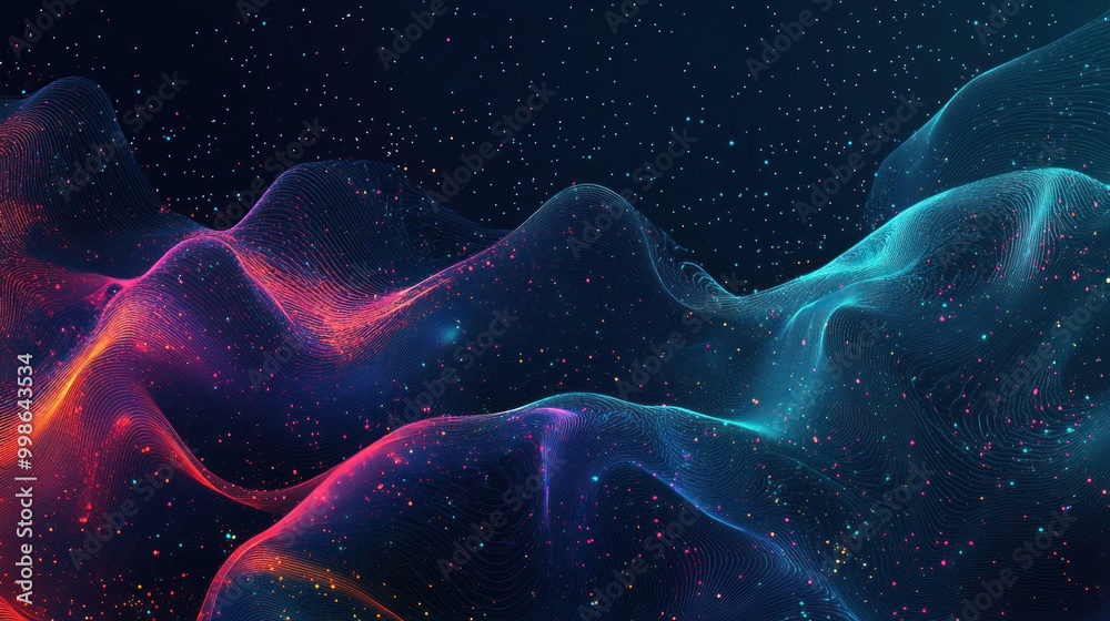 Abstract blue and red wavy lines with colorful dots on a dark blue ...