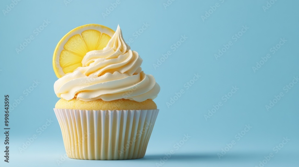 Yellow cupcake with lemon slice on top, against a blue background. Yellow cupcake with lemon slice on top, against a blue background.