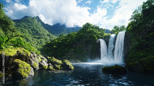 Tranquil waterfall cascading down moss-covered rocks in a lush green valley with mountains in the background.