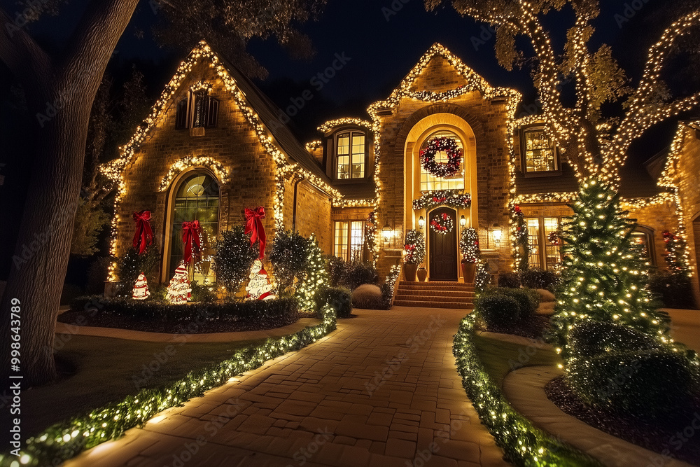 Fototapeta premium A Beautifully Illuminated Christmas House Adorned With Festive Lights and Decorations, Inviting Warmth During the Holiday Season