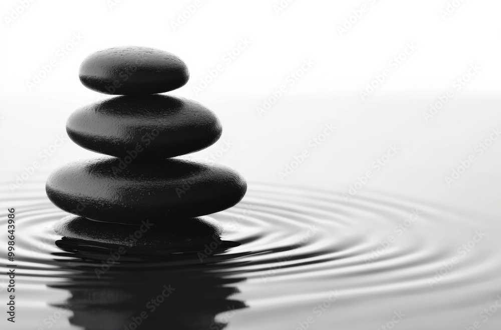 Obraz premium Stacked black pebbles floating serenely in water, surrounded by a zen and peaceful background, embodying a calming effect
