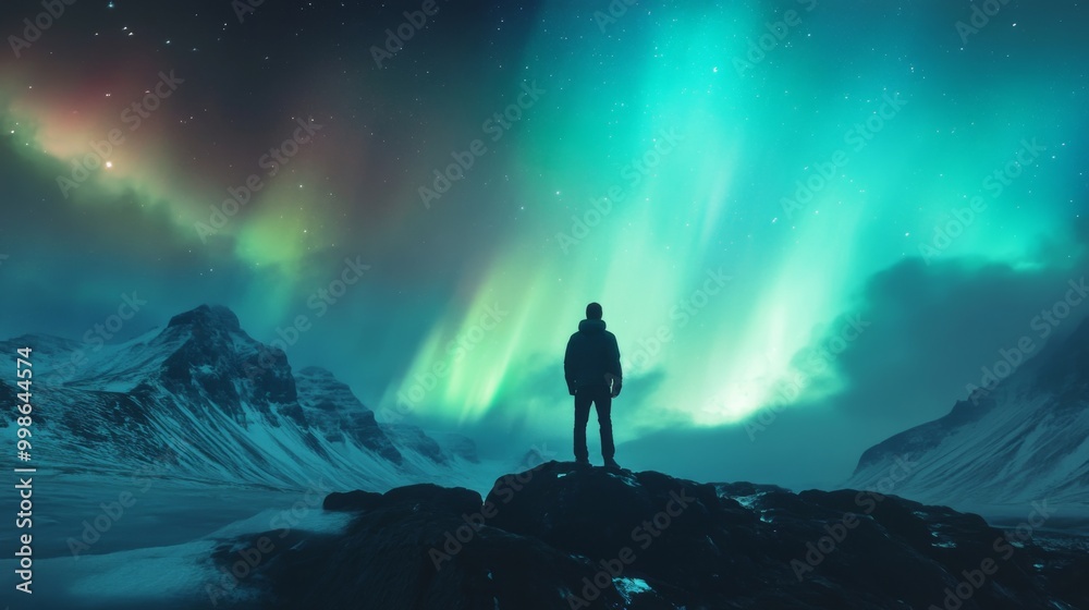 Fototapeta premium A lone figure stands on a mountaintop under a vibrant aurora borealis display.