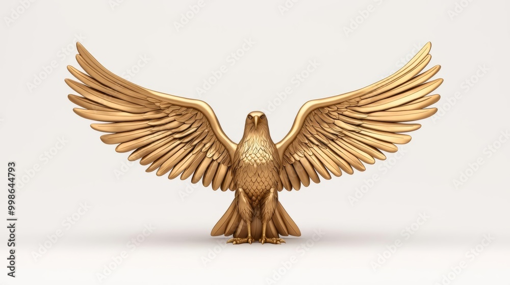 Obraz premium Golden eagle sculpture with wings spread, white isolated background.