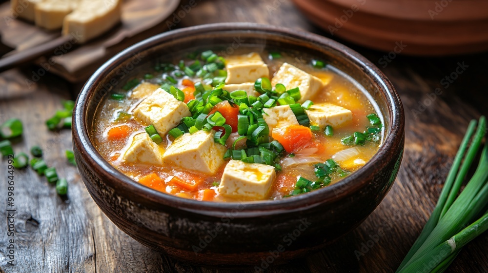A warm bowl of tofu and vegetable soup garnished with green onions, served in a rustic ceramic dish, showcasing comfort food at its best. A warm bowl of tofu and vegetable soup garnished with green onions, served in a rustic ceramic dish, showcasing comfort food at its best.