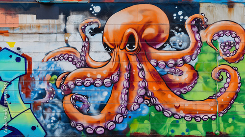 Pop art comic street graffiti with octopus monster brick wall. photo