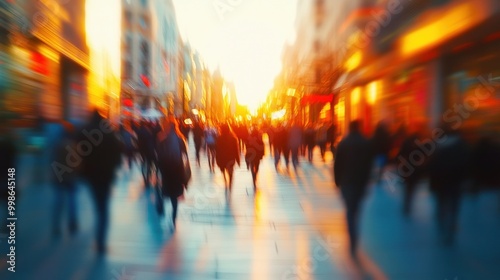 Blurred abstract image of a city street with pedestrians walking past storefronts at sunset.