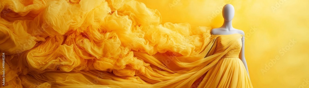 Mannequin in flowing yellow dress, dramatic yellow background, vibrant fashion display. Mannequin in flowing yellow dress, dramatic yellow background, vibrant fashion display.