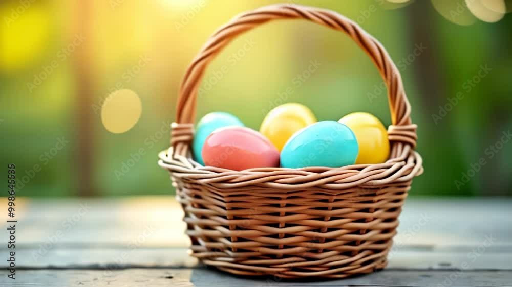 Colorful Easter eggs in a wicker basket with a joyful spring atmosphere and blurred background Colorful Easter eggs in a wicker basket with a joyful spring atmosphere and blurred background