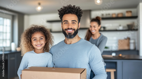 A family happily unpacks in their new apartment, the real estate agent smiling in the background, representing the affordability and convenience of buying a turnkey home on credit. photo