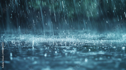torrential rainstorm with heavy raindrops falling creates mesmerizing scene of water splashing on surface, evoking sense of tranquility and natures power