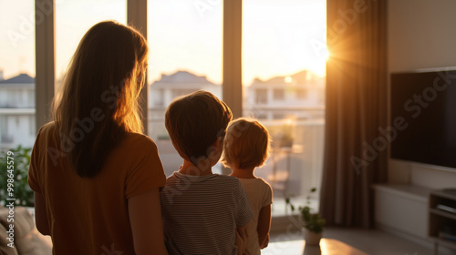 Free Download A young couple holds the keys to their new apartment, their children playing in the spacious, renovated living room, symbolizing affordable housing and turnkey convenience. - GFXLoad