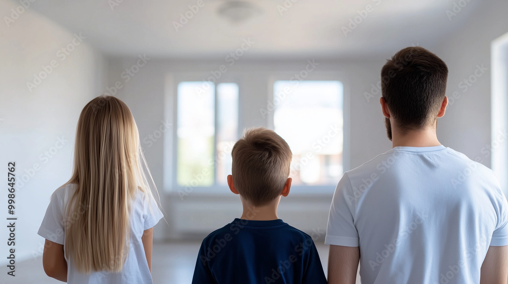 Fototapeta premium A family admires the bright, modern design of their new apartment, the turnkey renovations and affordable price making their dream of homeownership possible.