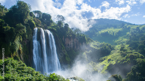 majestic waterfall cascading into lush green gorge, surrounded by vibrant vegetation and clear blue sky. scene evokes sense of tranquility and natural beauty