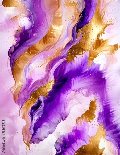 an abstract art piece with swirling patterns of purple and gold, creating a sense of movement and dynamism