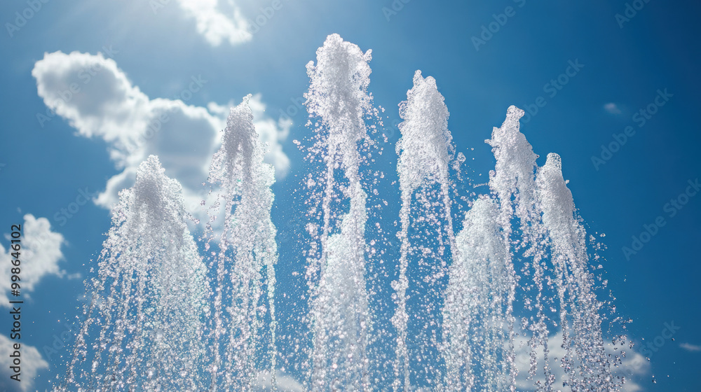 stunning water jet shooting high into sky, creating beautiful display against bright blue backdrop with fluffy clouds. sunlight enhances sparkling droplets, evoking sense of joy and wonder stunning water jet shooting high into sky, creating beautiful display against bright blue backdrop with fluffy clouds. sunlight enhances sparkling droplets, evoking sense of joy and wonder