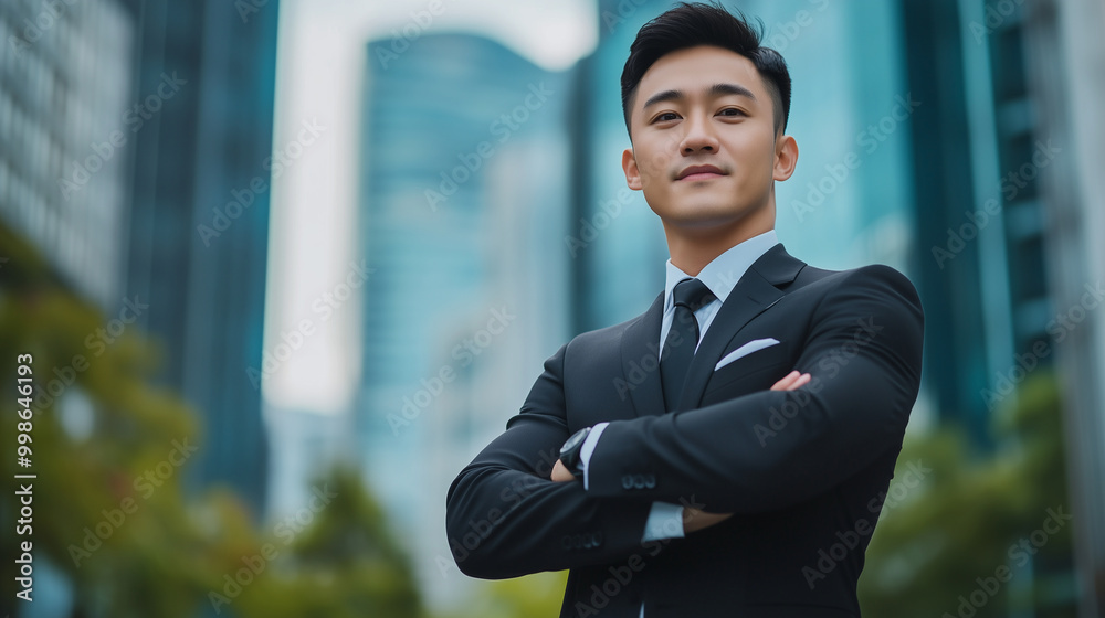The portrait of a handsome Asian man in a sleek tailored suit, standing outdoors with his arms crossed, the blurry backdrop of a modern business center creating a dynamic contrast The portrait of a handsome Asian man in a sleek tailored suit, standing outdoors with his arms crossed, the blurry backdrop of a modern business center creating a dynamic contrast