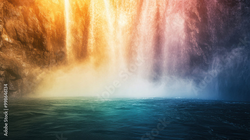 stunning waterfall cascades down rocky cliffs, creating misty pool below. vibrant colors of scene evoke sense of tranquility and natural beauty
