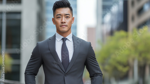 A handsome Asian man in a charcoal suit stands outdoors, his sharp features highlighted against the soft blur of a business center's modern architecture, creating a portrait of amb