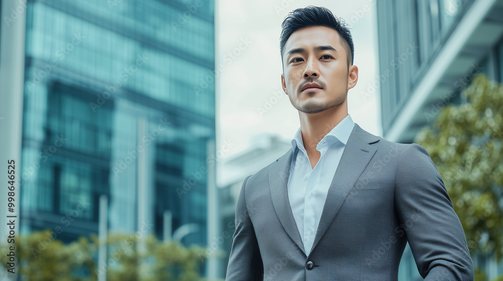 A handsome Asian man in a modern grey suit stands outdoors, his determined gaze fixed ahead, the business center in the background softly blurred to highlight his professional, pol A handsome Asian man in a modern grey suit stands outdoors, his determined gaze fixed ahead, the business center in the background softly blurred to highlight his professional, pol