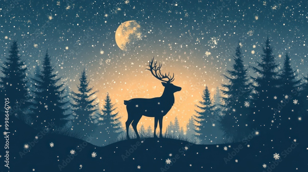 Silhouette of a deer standing in a snowy forest under a full moon. Silhouette of a deer standing in a snowy forest under a full moon.