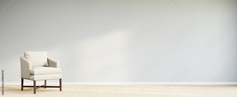 Obraz premium Living room style minimal with armchair on empty white wall background. 3D Rendering