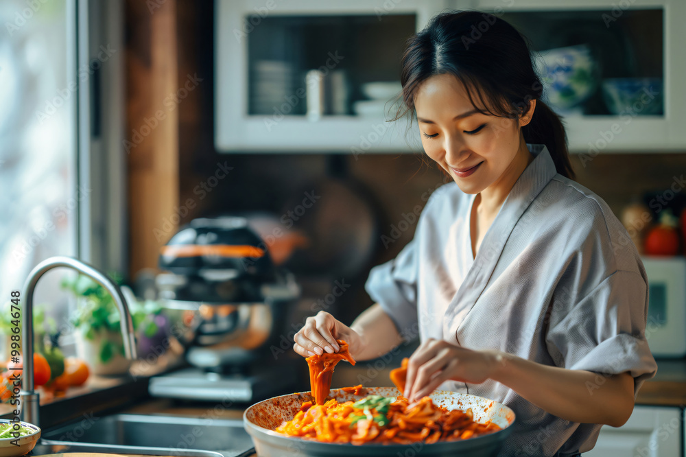 Young woman wearing traditional clothing is smiling while preparing kimchi in a modern kitchen Young woman wearing traditional clothing is smiling while preparing kimchi in a modern kitchen