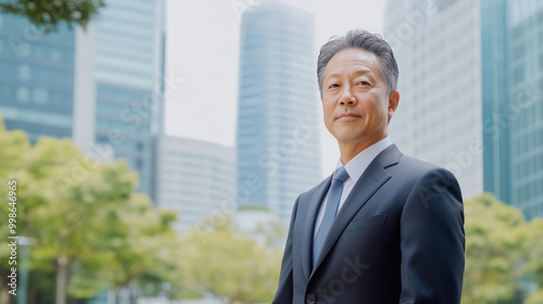 A distinguished middle-aged Asian man in a tailored suit stands outdoors, his calm expression and salt-and-pepper hair reflecting wisdom and experience, with the blurry modern skys