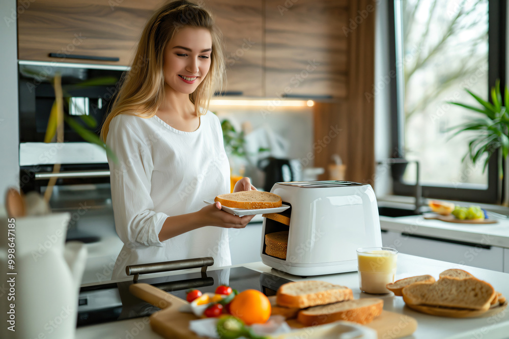 Young woman is smiling while preparing breakfast in her modern kitchen, putting slices of bread into a toaster Young woman is smiling while preparing breakfast in her modern kitchen, putting slices of bread into a toaster