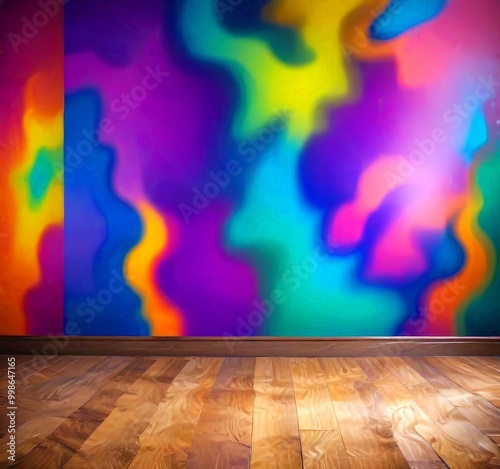 A vibrant, abstract mural with swirling patterns of blue, purple, green, and orange fills the wall, contrasting with the wooden floor below photo