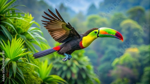A vibrant toucan in mid-flight against a lush, green backdrop, showcasing its iconic colorful beak and striking plumage.