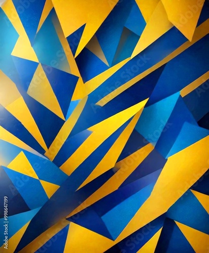 a vibrant abstract composition of overlapping triangles in various shades of blue and yellow, creating a dynamic and visually striking pattern photo