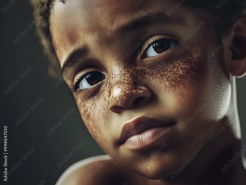 Close up portrait of an afroamerican serious sad boy with vitiligo, freckles Close up portrait of an afroamerican serious sad boy with vitiligo, freckles