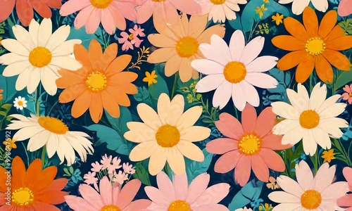 A vibrant floral pattern featuring a variety of colorful daisies and flowers against a dark blue background