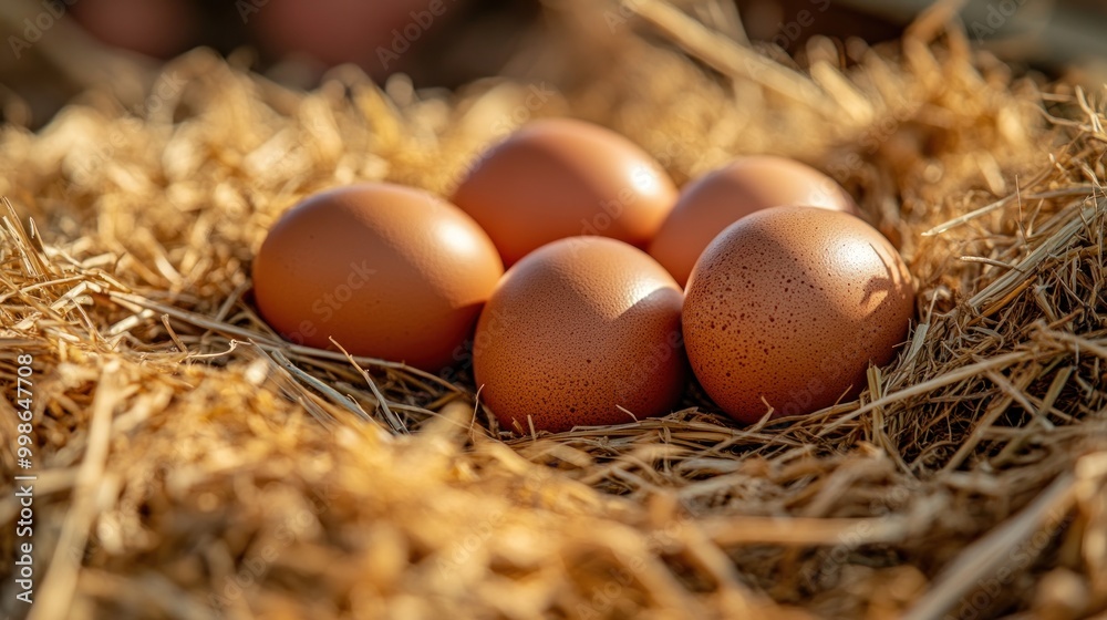 Five brown eggs nestled in a hay nest. Five brown eggs nestled in a hay nest.