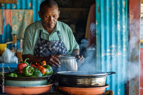 Fototapeta Naklejka Na Ścianę i Meble -  Experienced street vendor is cooking a traditional Mauritian dish in a busy market