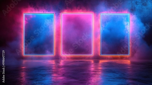 Pink and blue neon glowing empty picture frames on dark background to display events in night club or concert hall