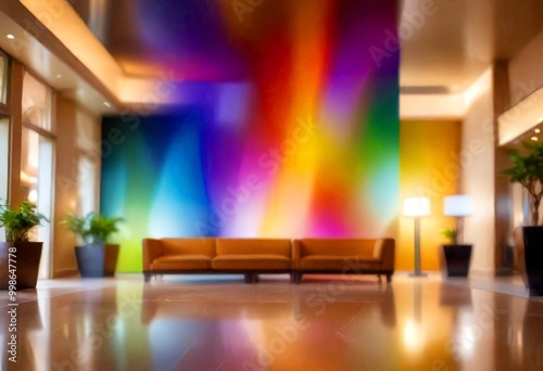 A modern living room with a vibrant abstract mural on the wall, featuring a rainbow-like gradient of colors, and a brown sofa facing a large window photo