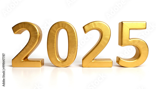 Happy New Year golden 2025 background. 2025 golden text on white. New Year banner. Celebration. Gold glitter