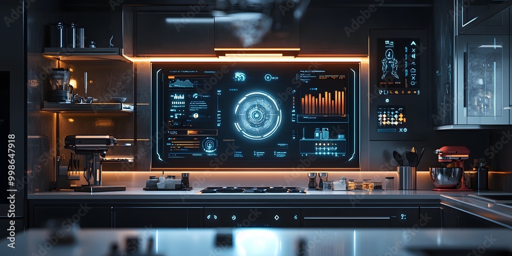Futuristic smart home control panel of home appliances, sleek and modern digital interfaces perfect to create product designs or as part of smart home technology advertisements to attract consumers. Futuristic smart home control panel of home appliances, sleek and modern digital interfaces perfect to create product designs or as part of smart home technology advertisements to attract consumers.