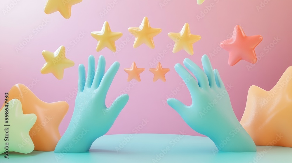 Two blue 3D hands reaching for yellow, orange, and green stars on a light pink background. Two blue 3D hands reaching for yellow, orange, and green stars on a light pink background.